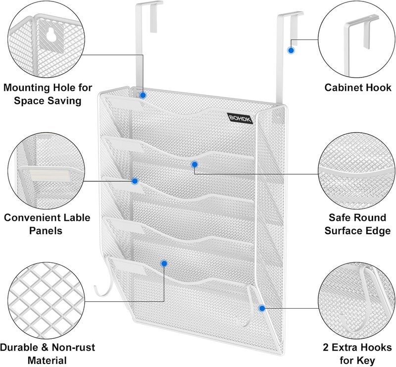 BOHDK Wall File Organizer, 5 Tire Hanging File Folder Organizer, Vertical Mesh Metal Door/Wall Mount Hanging File Holder, Paper Document Magazine Rack with Hooks for Home Office White - Image 5